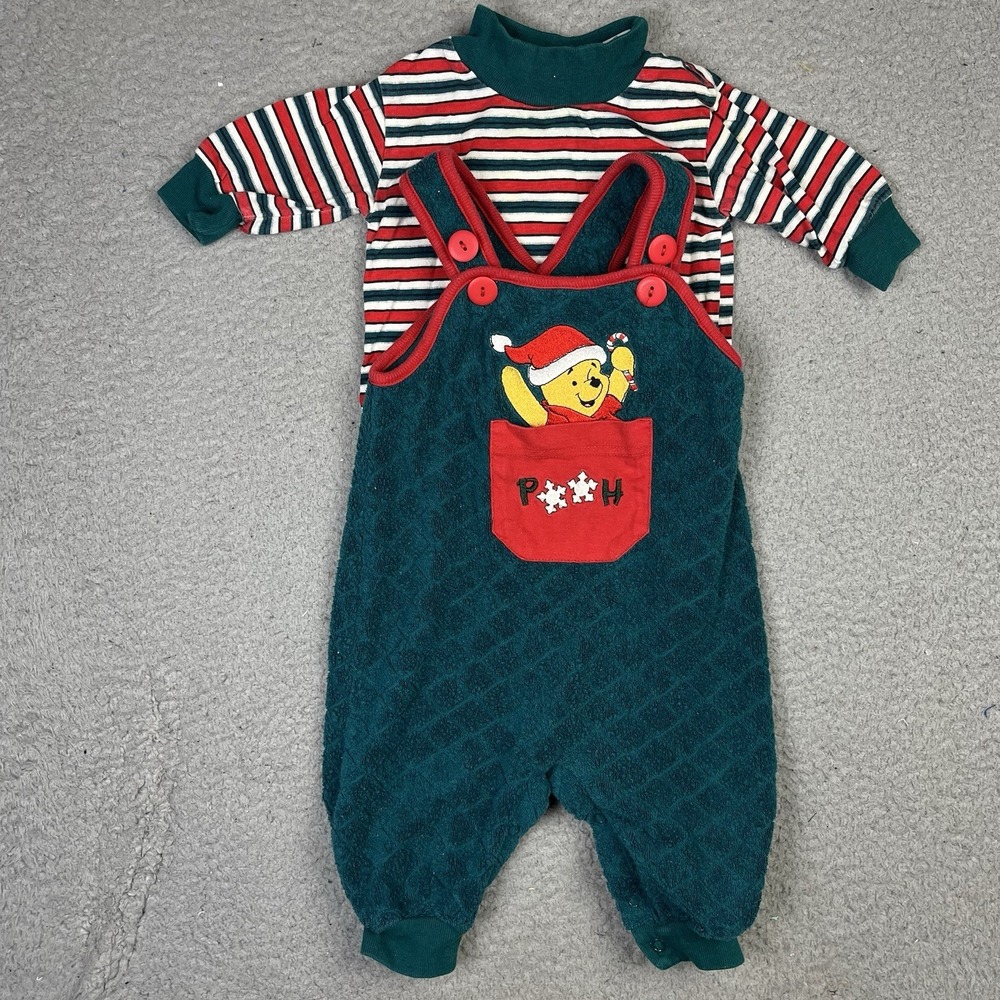 Vintage Christmas Winnie the Pooh Overalls Shirt Combo‎ 3/6 Months Cartoon